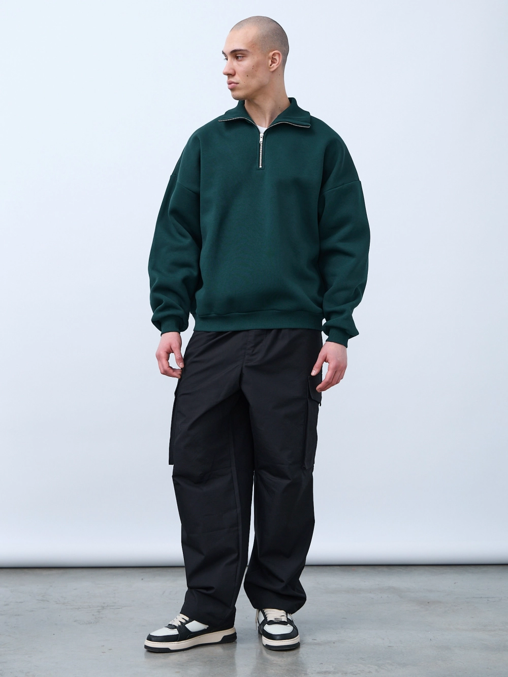 Свитшот с воротником на молнии с начесом (темно-зеленый)