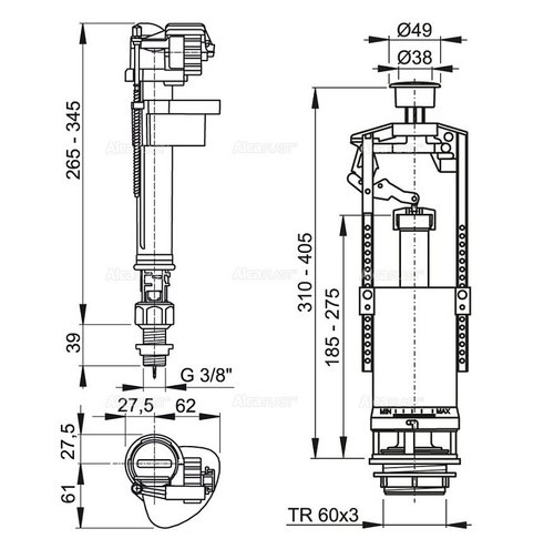 Сливная арматура Alcaplast, со стоп кнопкой, боковой подвод, подключение 3/8'', кнопка хром (SA2000K 3/8" CHROM)