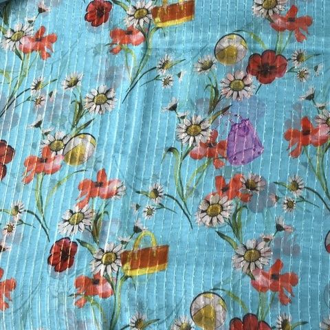 Мерный лоскут 2 м шифон с люрексом цветы на голубом фоне 1021