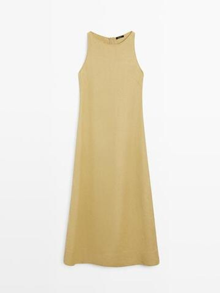 Massimo Dutti Льняное платье миди с завязками на шее, горчичный