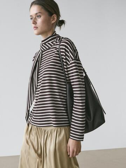 Massimo Dutti Футболка в полоску из смесового хлопка с шарфом, коричневый