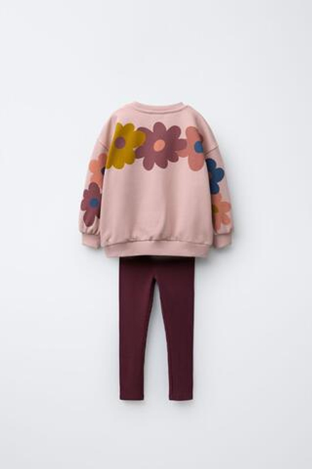 ZARA КОМПЛЕКТ ИЗ ТОЛСТОВКИ И ЛЕГГИНСОВ С ПРИНТОМ, ЛИНЯЛЫЙ РОЗОВЫЙ