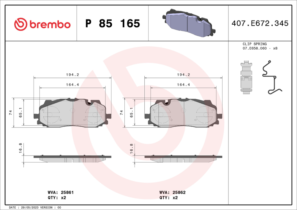 BREMBO - P85165-BRB - Brake Pad Set, disc brake