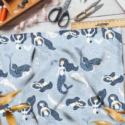 Ткань атлас русалки с дельфинами