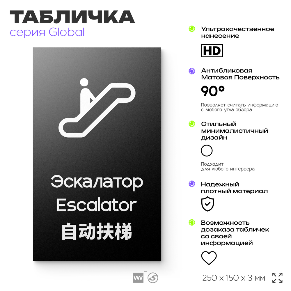 Табличка Эскалатор, на дверь и стену, информационная и мультиязычная (русский, английский, китайский), серия GLOBAL, 25х15 см, Айдентика Технолоджи