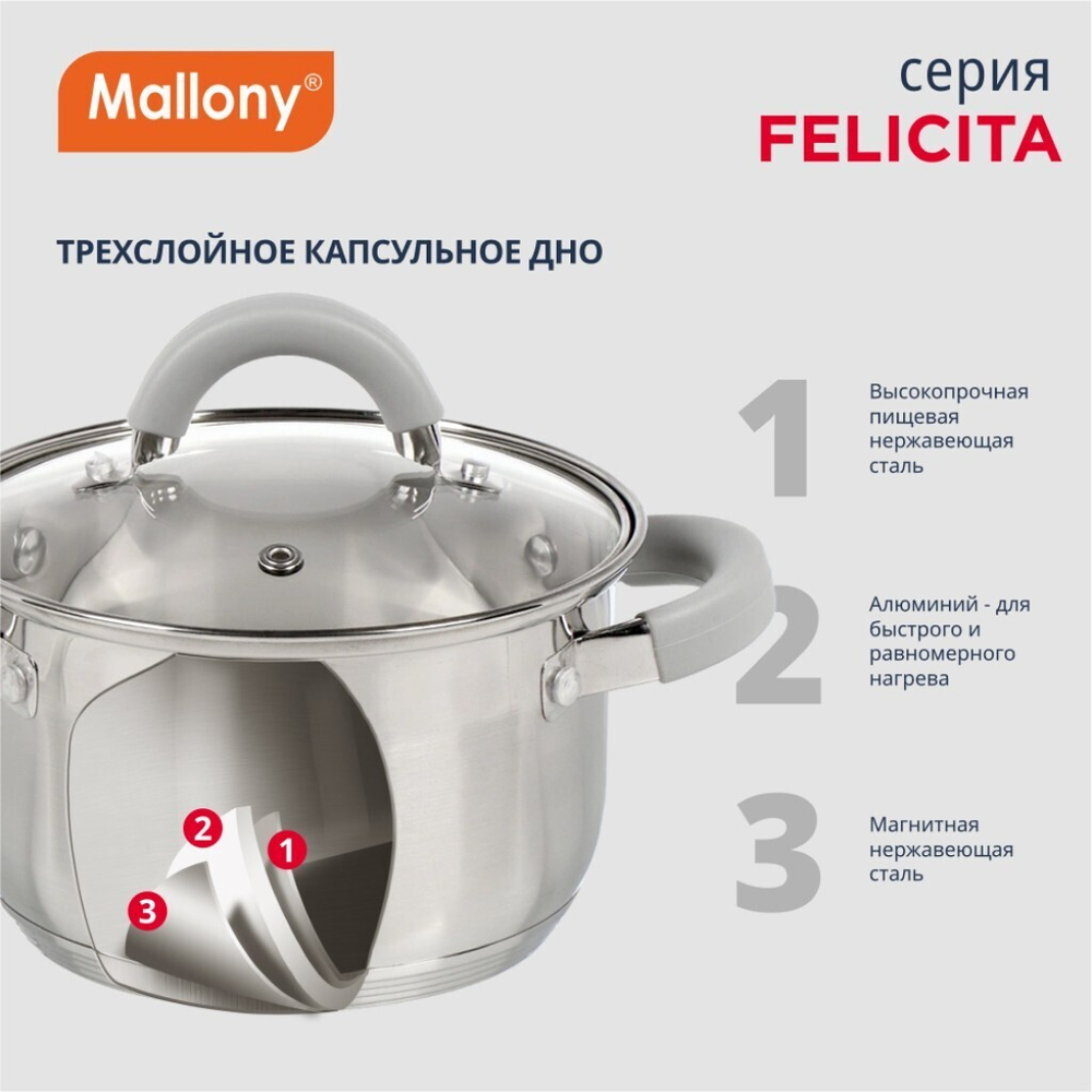 Кастрюля нерж, 2 л, с крыш, крыш стекло, силиконовые ручки, кругл, Mallony, Felicità, 009386, индукц