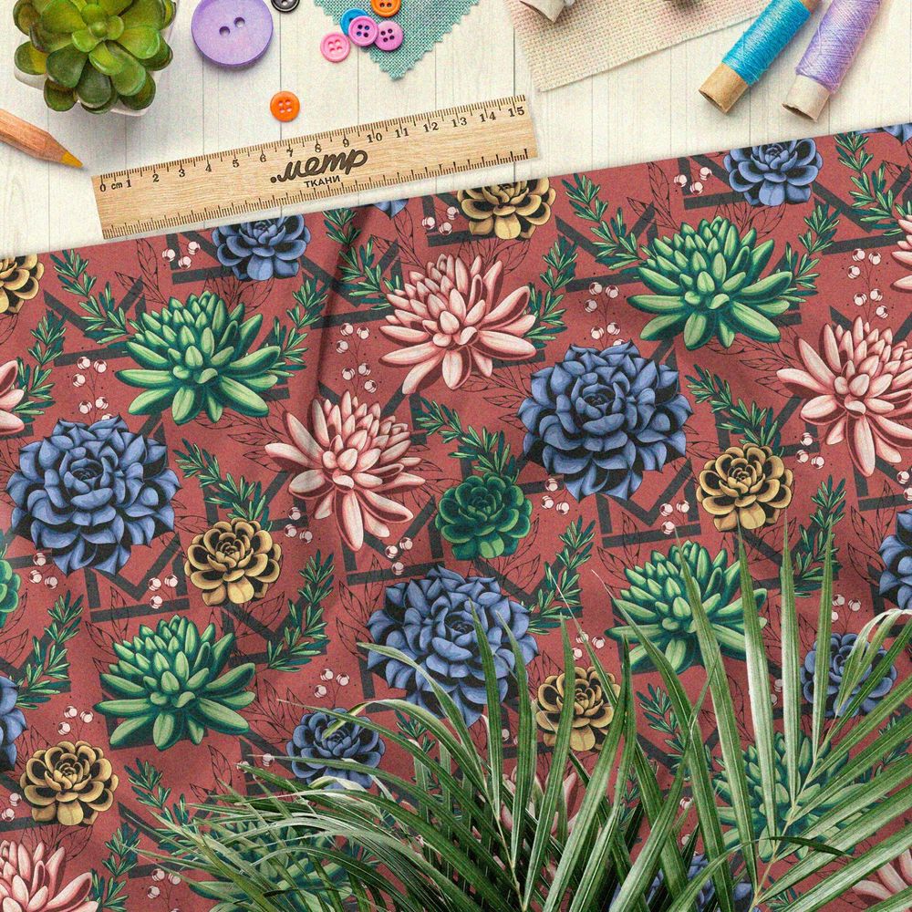 Ткань блэкаут приглушённые георгины на коралловом фоне