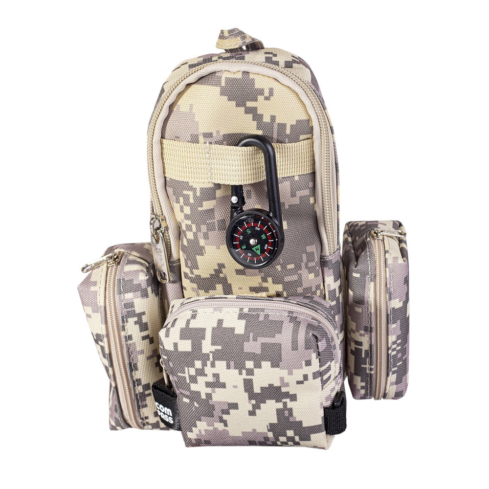 Пенал - косметичка Alingar, ткань, молния, три кошелька-кармана, брелок-компас, 210 х 170 х 40 мм, "Compass", ассорти комуфляж