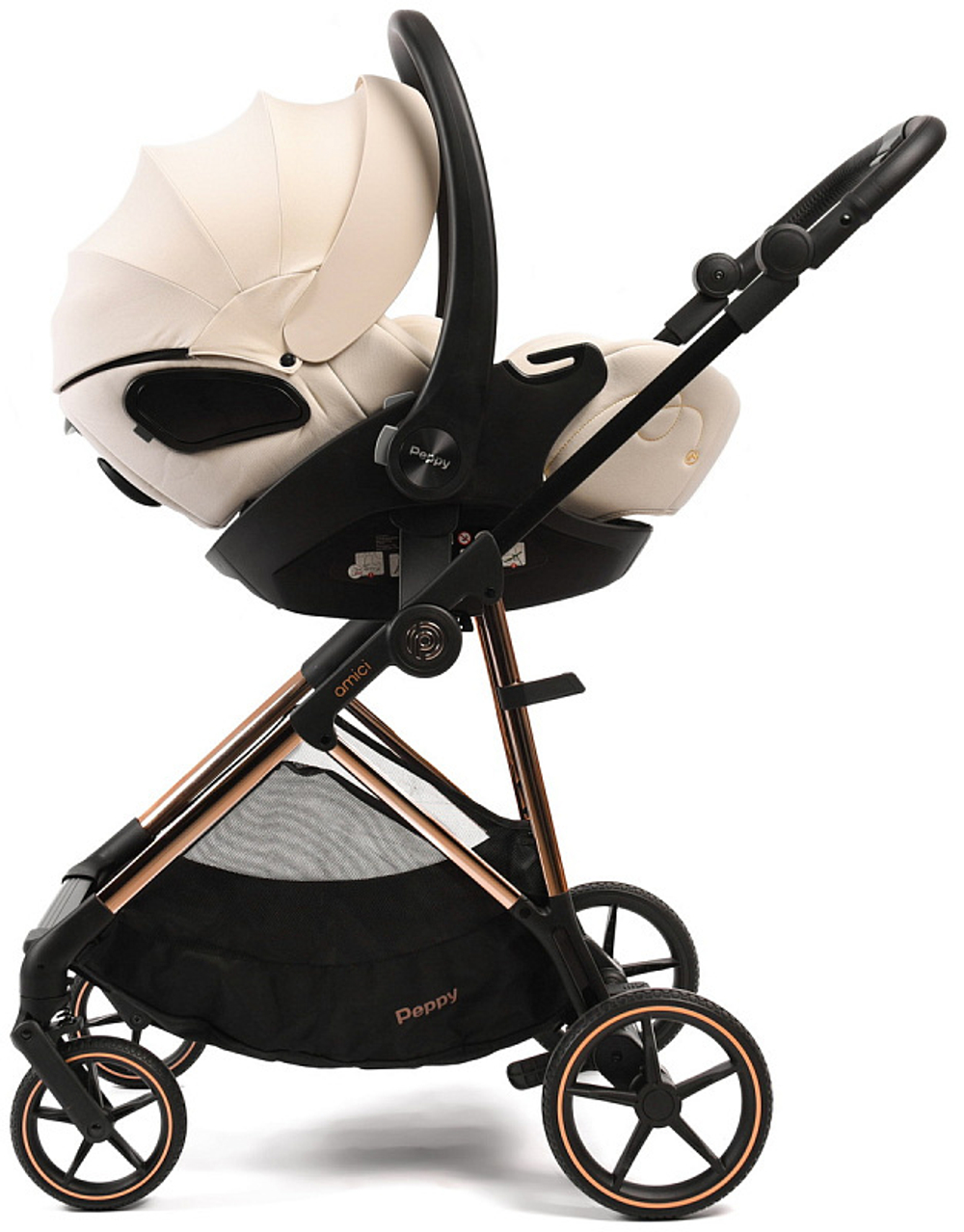 Прогулочная коляска Peppy Amici с автокреслом Verona Beige Beige рама Gold