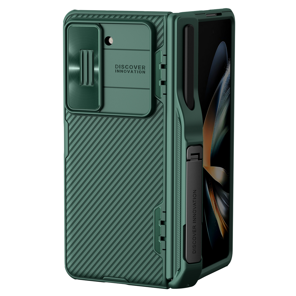 Чехол зеленого цвета (Deep Green) с держателем для S Pen на Samsung Galaxy Z Fold 5 от Nillkin, серия CamShield Fold Case-Pen Holder Version, с сдвижной шторкой для камеры