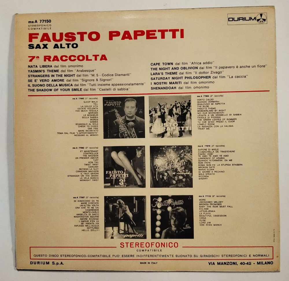 Винтажная виниловая пластинка LP Fausto Papetti 7a Raccolta (Italy 1966)