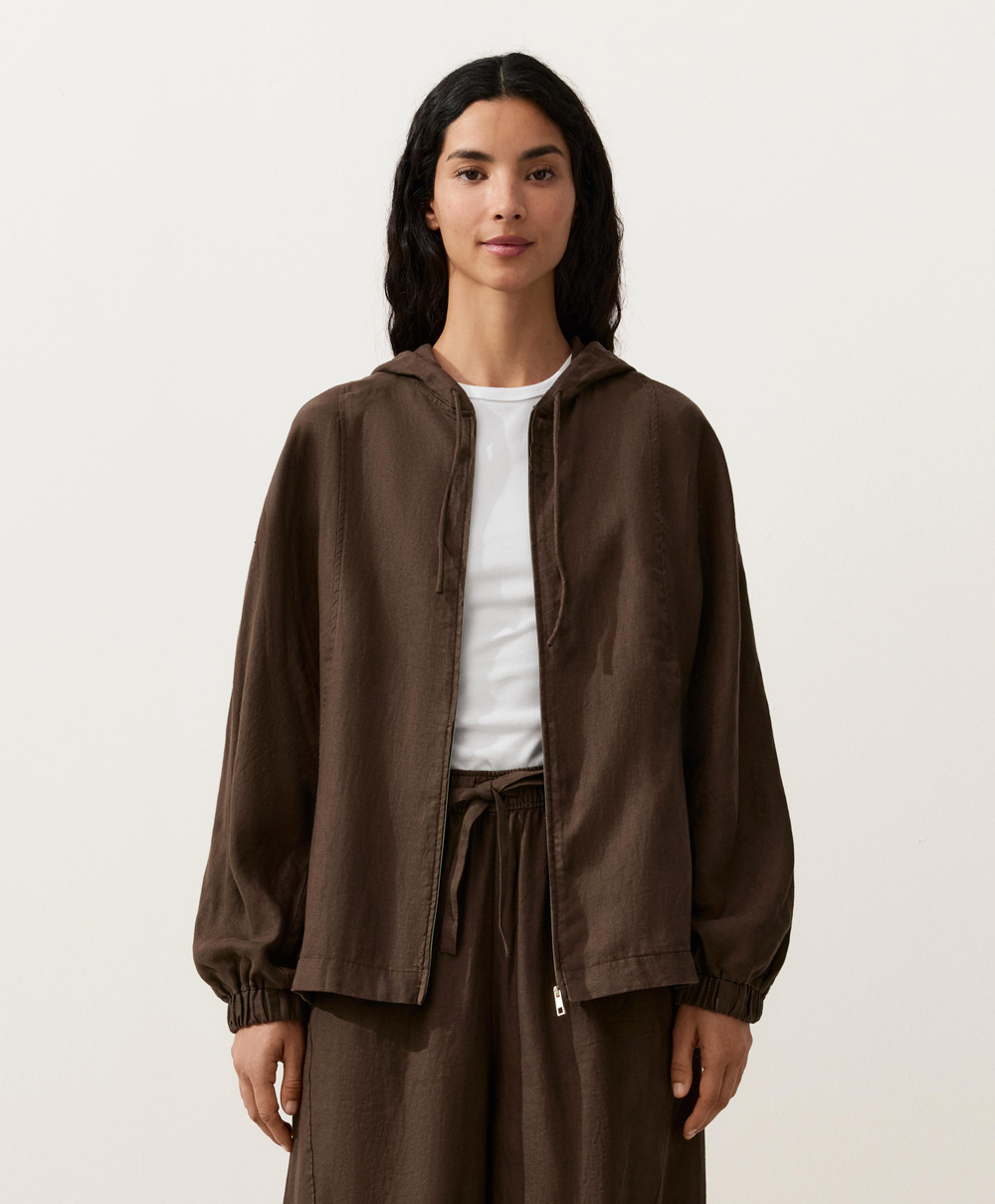 Oysho Куртка с капюшоном в полоску из 100% льна, темно-коричневый