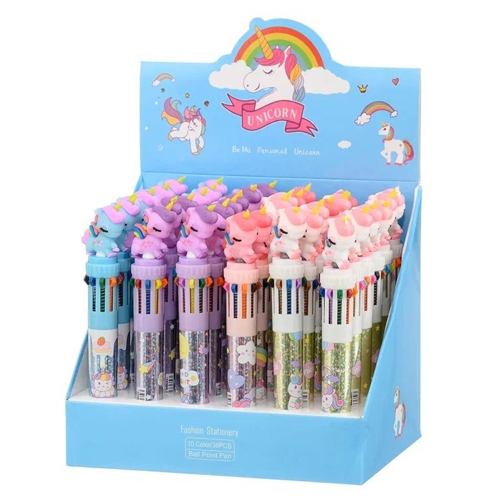 Ручка шариковая, автоматическая, 10в1, Basir, серия "ЕДИНОРОГ", 10-ти цветная, с резиновой фигуркой, 36 шт