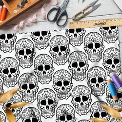 Ткань шифон резные сахарные черепа на белом фоне