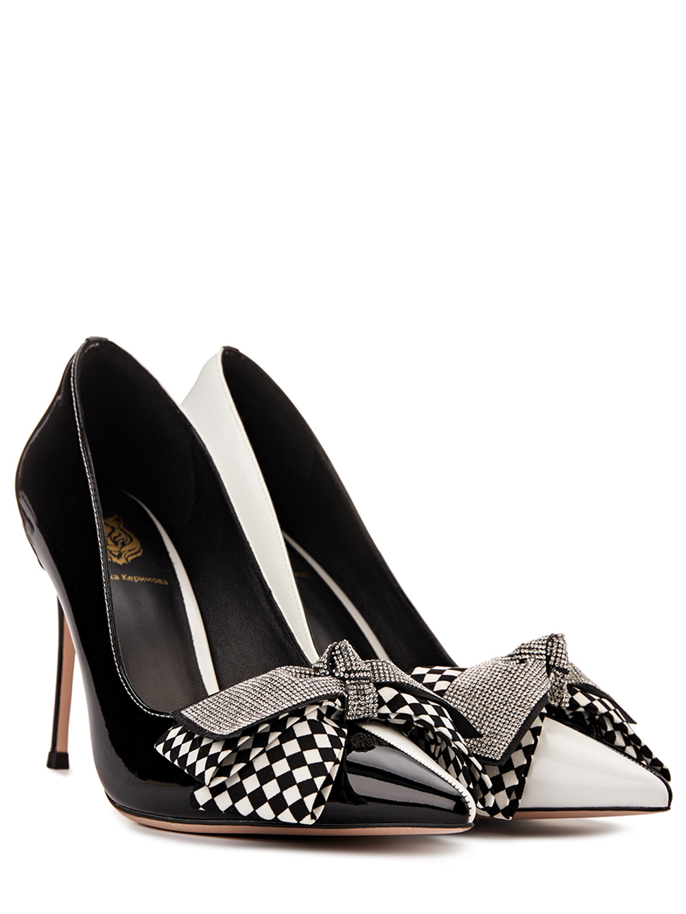 Женские туфли кожаные черно-белые с бантом у носка