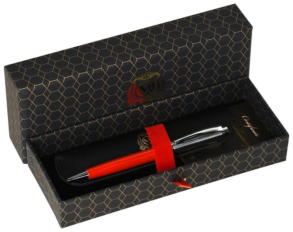 Ручка шариковая Manzoni Baveno синяя, объёмный стержень, поворотная, кожаный чехол, красный корпус