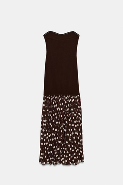 ZARA ПЛАТЬЕ БЕЗ БРЕТЕЛЕК В ГОРОШЕК, КОРИЧНЕВЫЙ