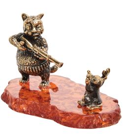 Народные промыслы AM-1750 Фигурка «Кот стреляет в мышку» (латунь, янтарь)