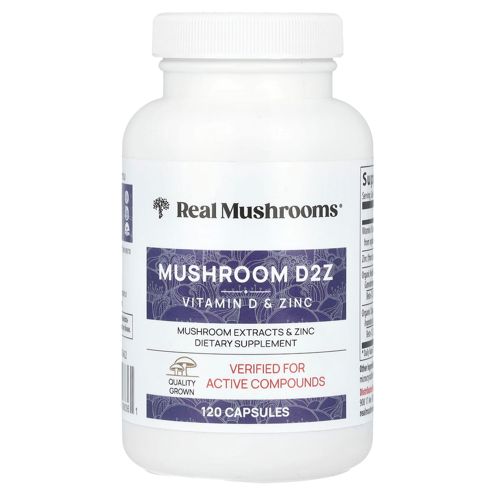Real Mushrooms, Mushroom D2Z, D2 / бета-глюкан / цинк, 120 капсул