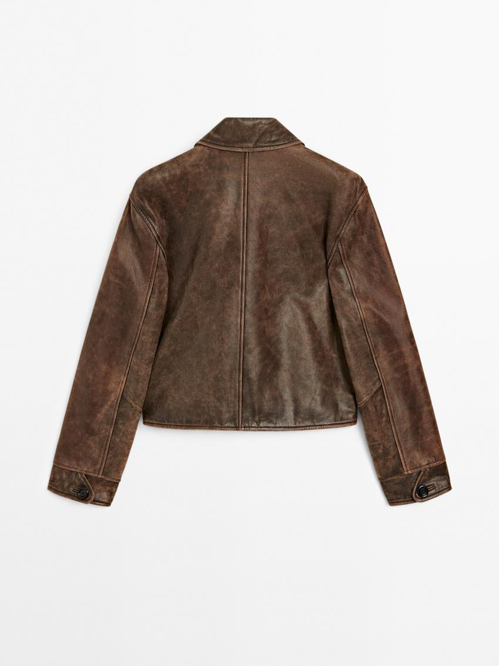 Massimo Dutti Укороченная куртка из кожи наппа с эффектом потертости, коричневый