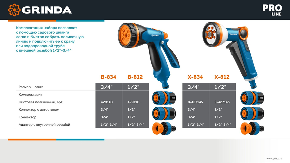 Пистолет поливочный GRINDA PROLine B-834 B-8 , с коннекторами, 8 режимов, светло-синий (429113)