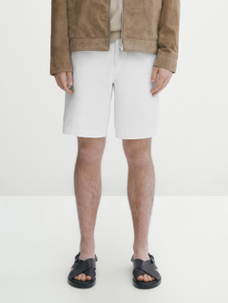 Massimo Dutti Шорты из хлопка и льна на шнурках, натуральный, кремовый