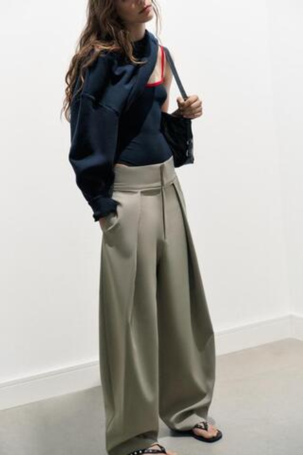 ZARA БРЮКИ BALLOON С ЗАЩИПАМИ, МЯГКИЙ ЗЕЛЕНЫЙ