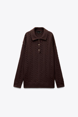 ZARA СВИТЕР ПОЛО С УЗОРОМ «КОСЫ», КОРИЧНЕВЫЙ