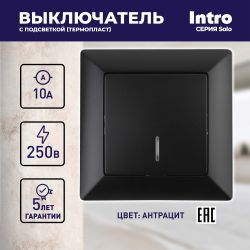 Выключатель Intro Solo 4-102-05 одноклавишный с подсветкой, 10А-250В, IP20, СУ, антрацит