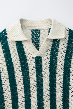 ZARA ТРИКОТАЖНОЕ ПОЛО В ПОЛОСКУ, ЭКРЮ/СИНИЙ