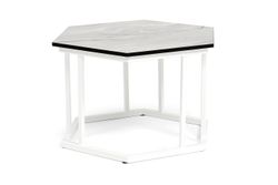 "Женева" интерьерный стол из HPL шестиугольный, D50, H35, цвет "мрамор пепел", каркас из стали белый муар