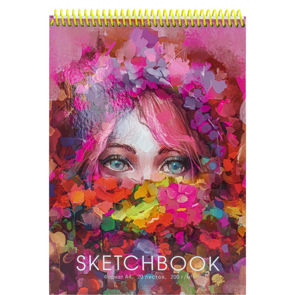 Скетчбук А4 20л., "Девушка с букетом", 200г/м2, Миленд, спираль, 7БЦ, глянц. ламинация, жёсткая подложка, акварельная бумага