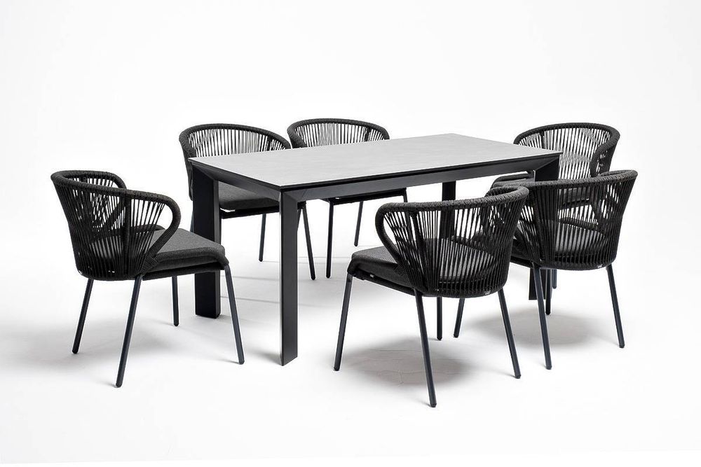 "Венето" обеденная группа на 6 персон со стульями "Милан", каркас темно-серый, роуп темно-серый