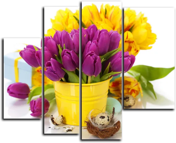 Модульная картина "Желтые и фиолетовые тюльпаны"
