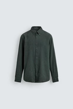ZARA РУБАШКА REGULAR FIT ИЗ 100% ЛЬНА, ТЕМНО-ЗЕЛЕНЫЙ