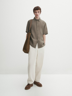 Massimo Dutti Рубашка из 100% льна с короткими рукавами,  фисташковый