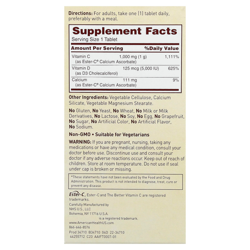 American Health, Ester-C® с витамином D3, 60 вегетарианских таблеток
