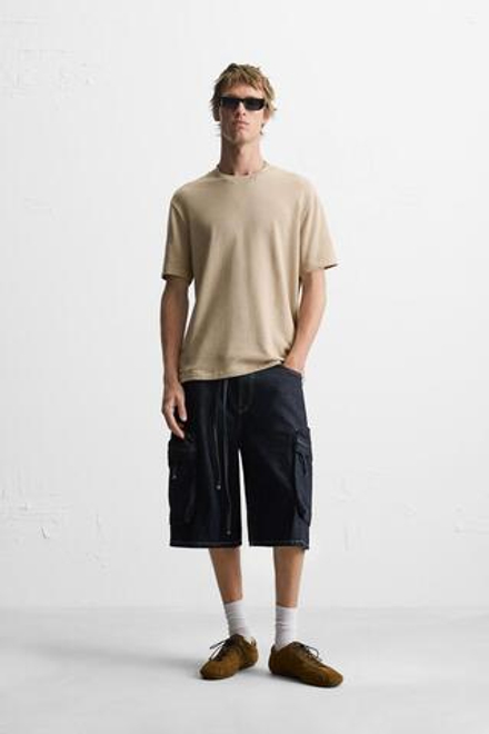 ZARA ТРИКОТАЖНАЯ ФУТБОЛКА СТАНДАРТНОГО КРОЯ, ПЕСОЧНЫЙ