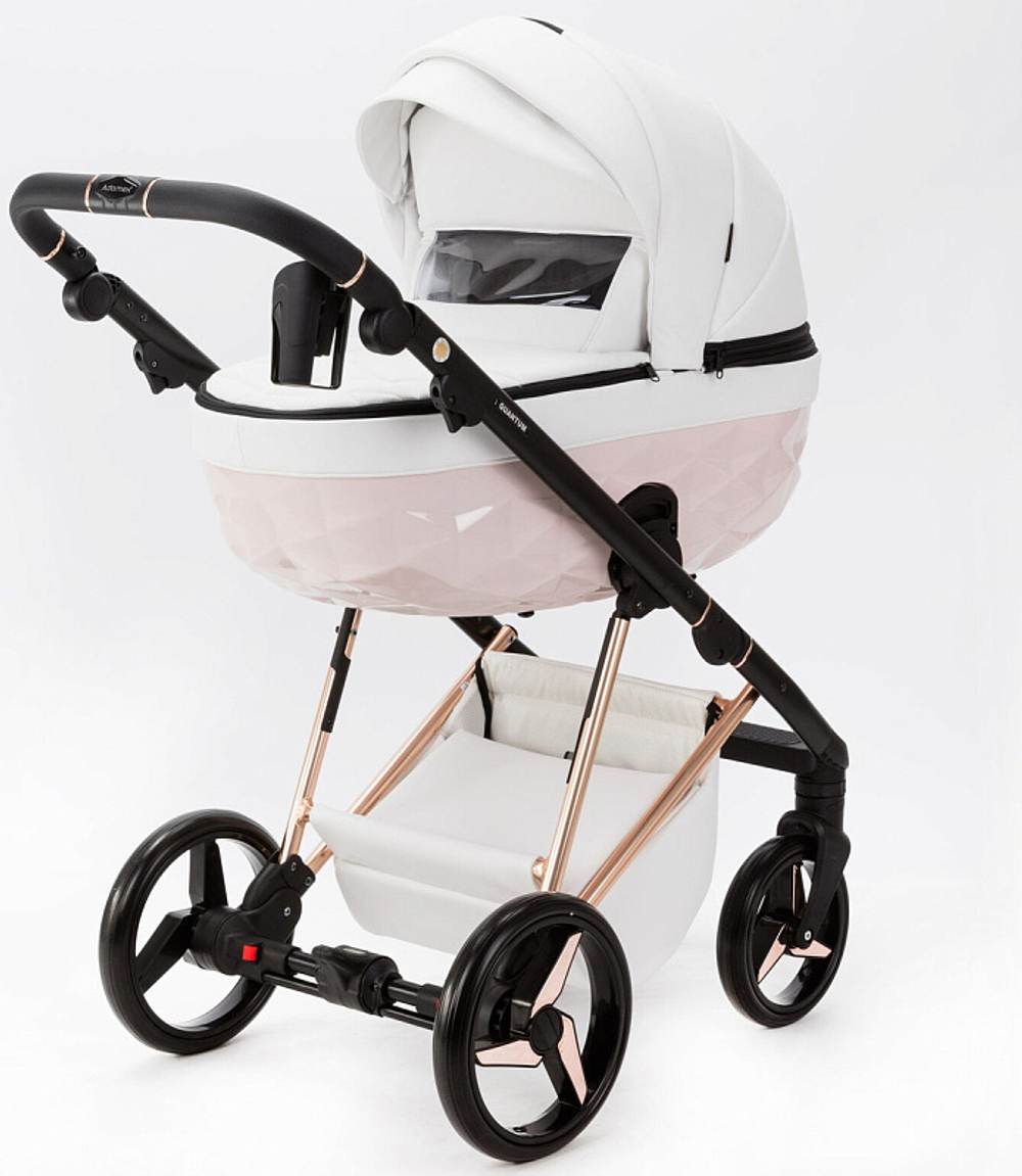 Детская коляска Adamex Quantum Superstar Deluxe 2 в 1 Q-STAR137-K (БЕЛ.КОЖА+РОЗОВ.ДНО+РОЗОВ.ЗОЛОТО РАМА)