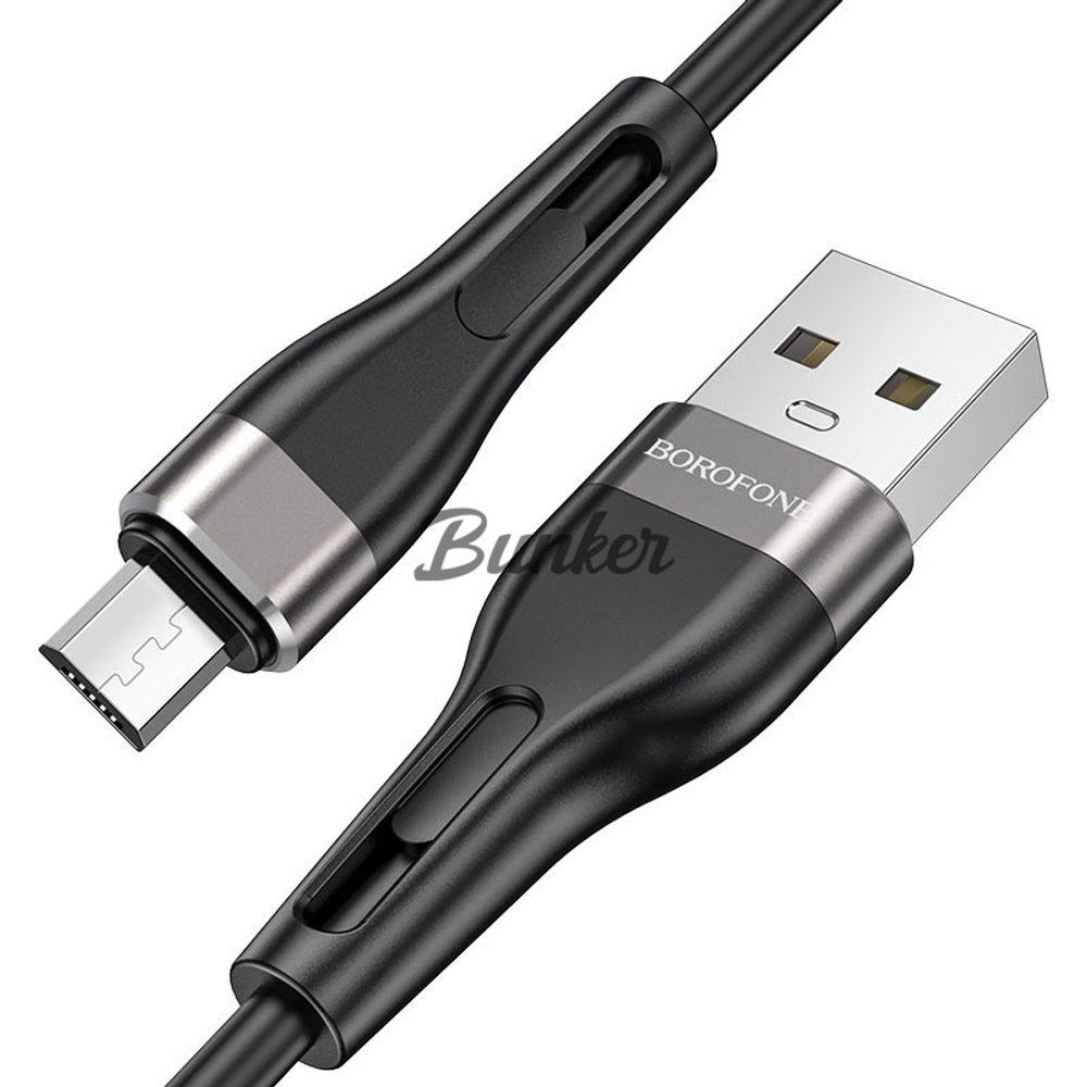 Кабель USB-micro-USB Borofone BX46,черный металл штекер,1м,круглый черный силикон,2.4А