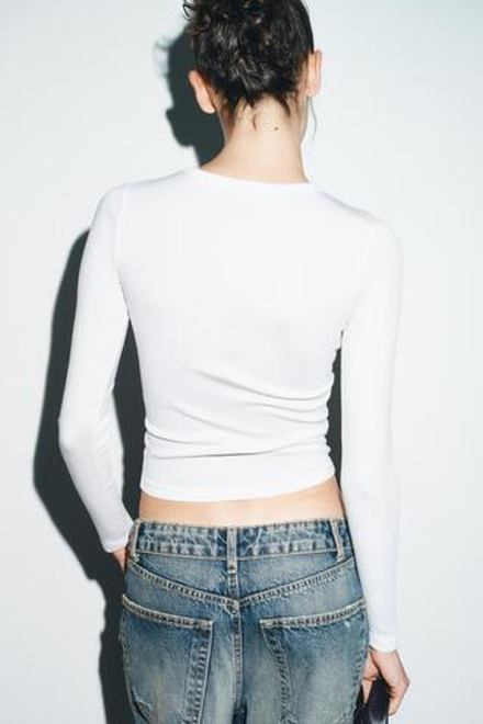 ZARA ФУТБОЛКА С ДЛИННЫМИ РУКАВАМИ, БЕЛЫЙ