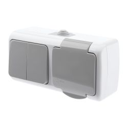 Блок розетка с выключателем Intro Atlantic 5-702-03 двойным 2P+E 10-16А-250В открытой установки гориз. IP54 серый