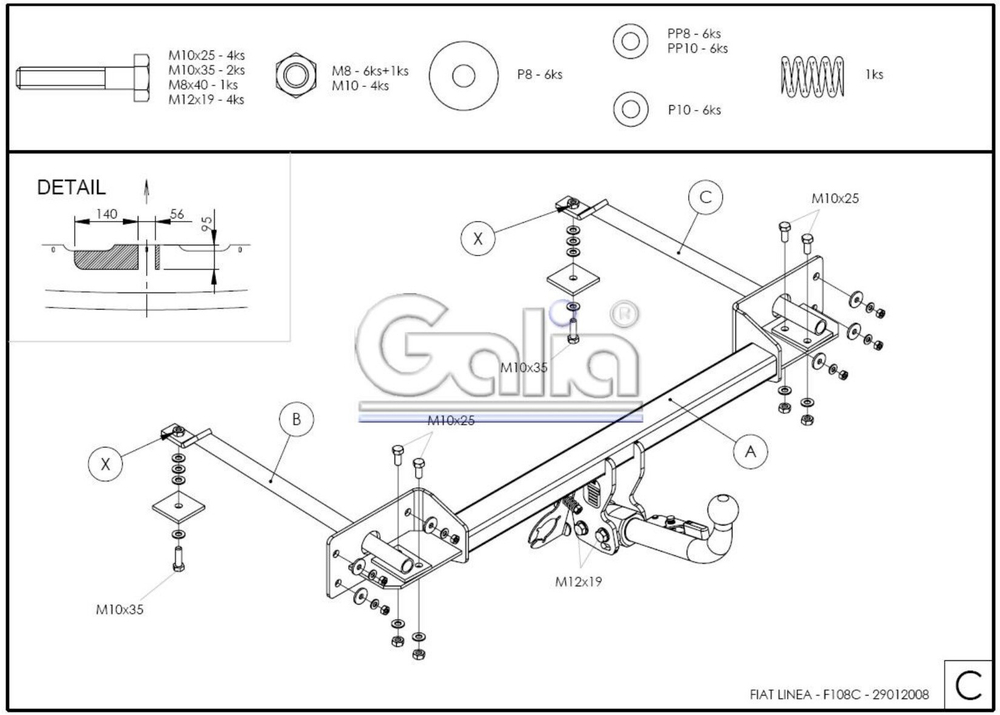 Фаркоп оцинкованный Galia F108A для FIAT Linea 2007-2015(паспорт и сертификат в комплекте)(без электрики)