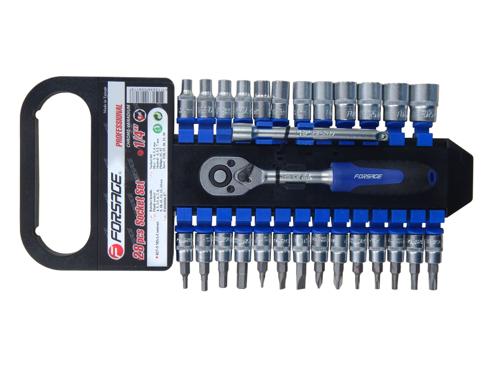 Набор головок и бит с трещоткой 28пр. 1/4''(4-14мм, Torx:T10-T30, Hex:3-6мм,SL:4,5.5,7мм, PH1,2),в пластиковом держателе Forsage F-027-5 MSA