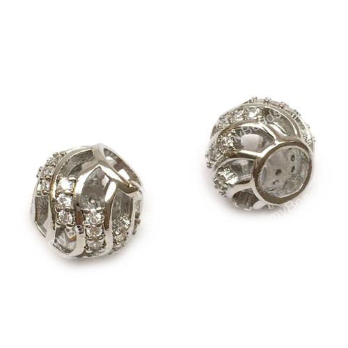 Бусины с фианитами "Твист" 9х8 мм, родий