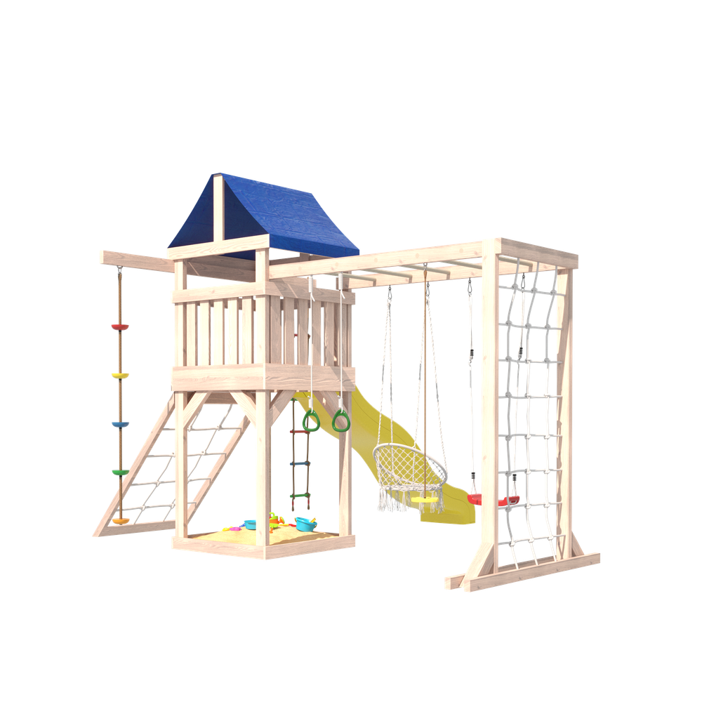 Детская площадка Fun Land неокрашенная с модулем сетка-рукоход, мини сеткой, подвесным креслом и качелями