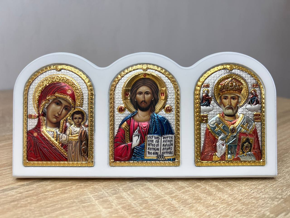 Триптих, Спаситель, Казанская БМ, Николай Чудотворец, икона, белое дерево, эмаль 75х160