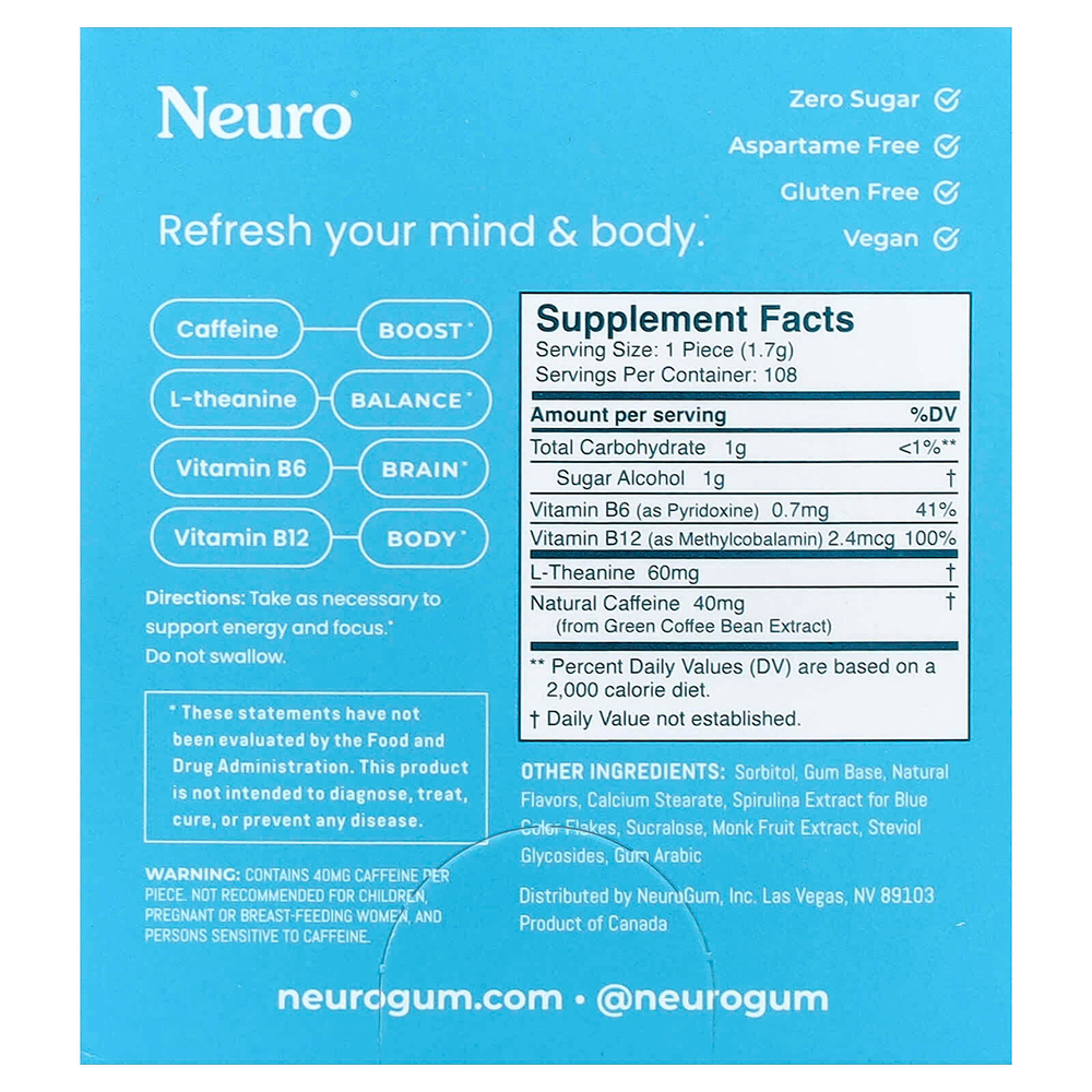 NeuroGum, жевательная резинка для энергии и концентрации, со вкусом перечной мяты, 12 упаковок по 9 шт.