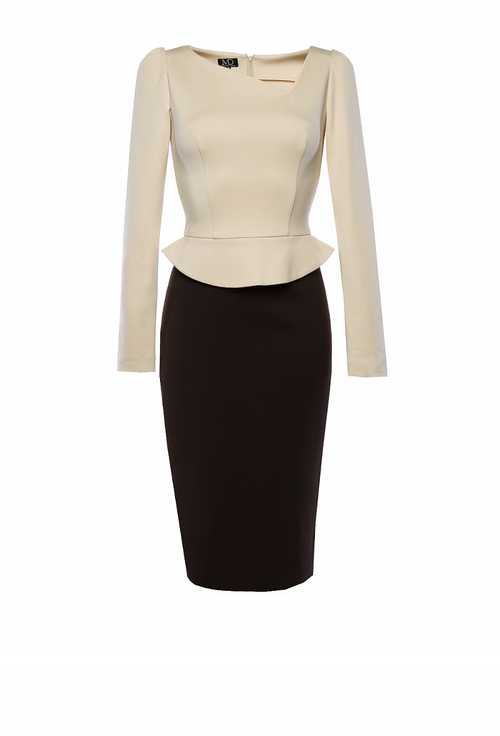 Платье футляр с баской бежево-коричневое 01-04-19FW