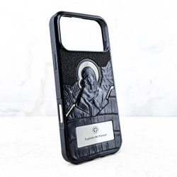 Дорогой чехол для iPhone из натуральной кожи крокодила Euphoria HM Premium аксессуар из Православной коллекции с изображением Пресвятой Богородицы